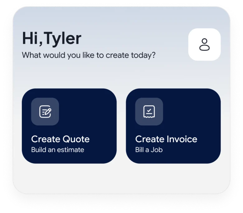 The Quickuote home screen with Create Quote and Create Invoice buttons.