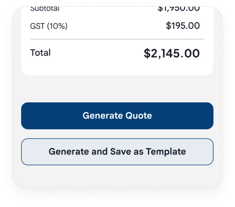 A quote total with Generate Quote and Generate and Save as Template buttons.