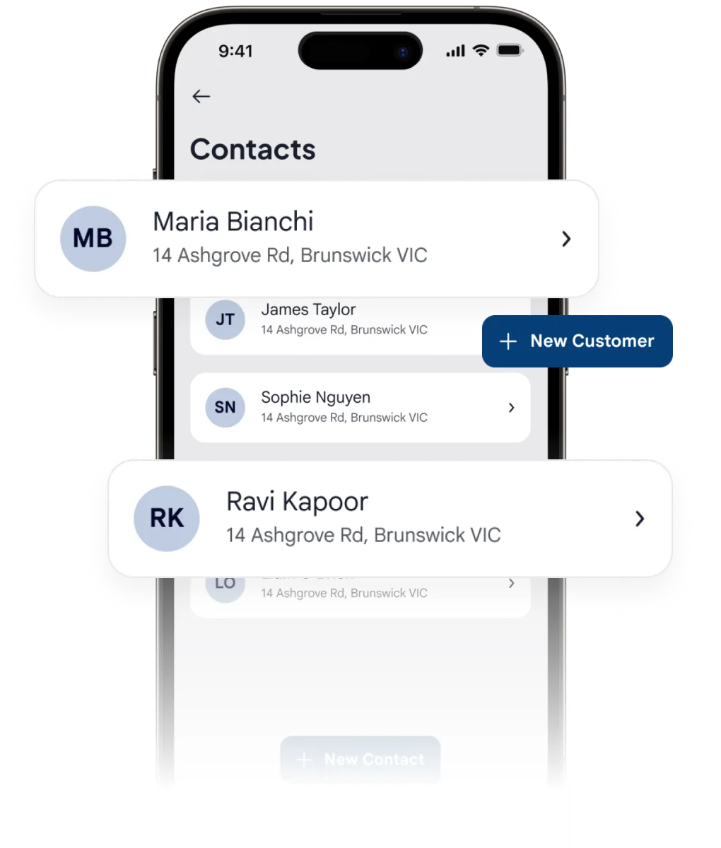 The Quickuote contacts list with customer cards and a New Customer button.