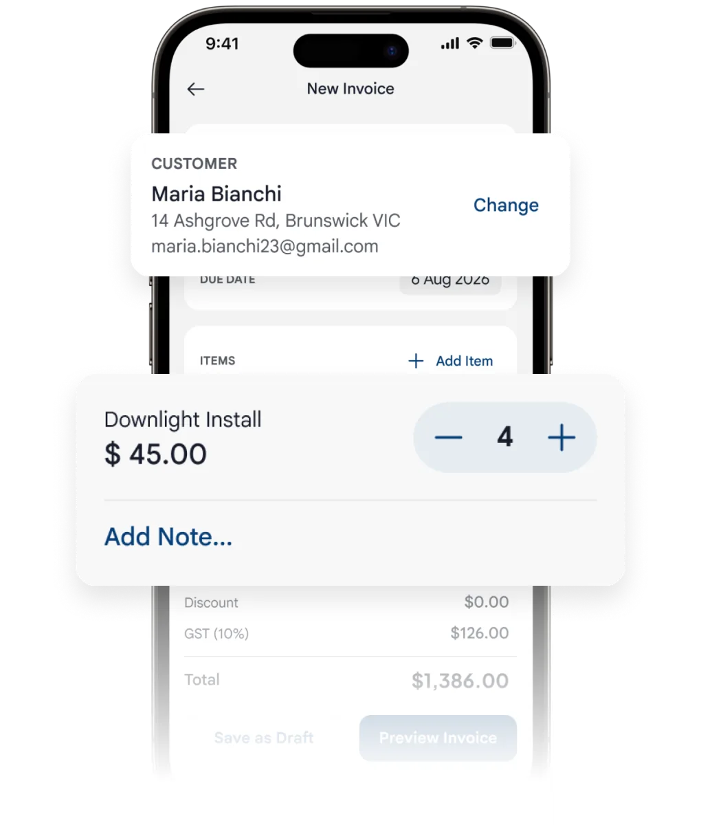 A new invoice in Quickuote, with the customer selected and a line item quantity being set.