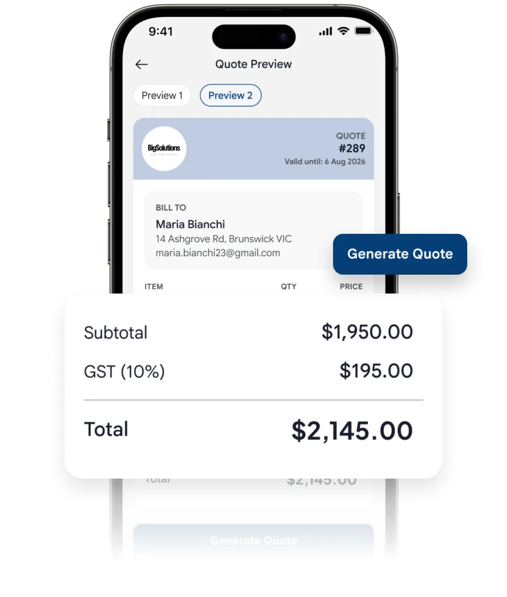 A quote preview in Quickuote showing the subtotal, GST and total, with a Generate Quote button.